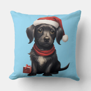 Cute Black Dog at Christmas Cushion