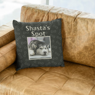 Cute Black Dog Custom Pet Photo Name Bones Cushion