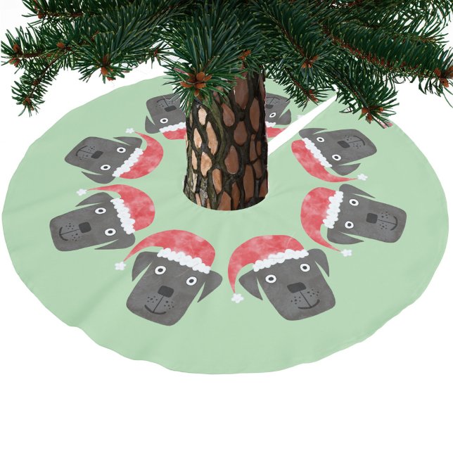 Cute Black Dog in Santa Hat Brushed Polyester Tree Skirt (Fun black dogs in Santa hats festive Christmas tree skirt for animal and pet lovers)