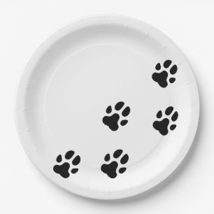 Cute Black Dog Paw Prints Paper Plate