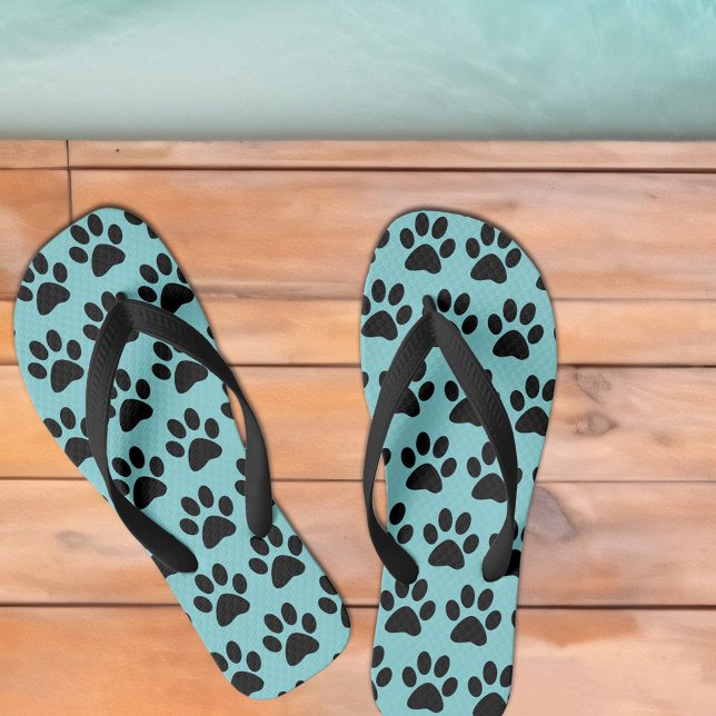 Cute Black Dog Paw Prints Pattern Fun Teal Modern Jandals (Cute Black Dog Paw Prints Pattern Fun Teal Modern Flip Flops)