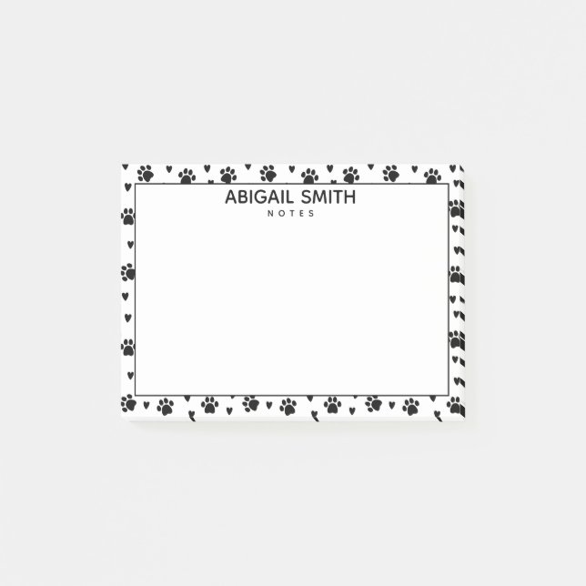 Cute Black Dog Paws and Hearts - Personalised Post-it Notes (Front)