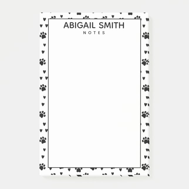 Cute Black Dog Paws and Hearts - Personalised Post-it Notes (Front)