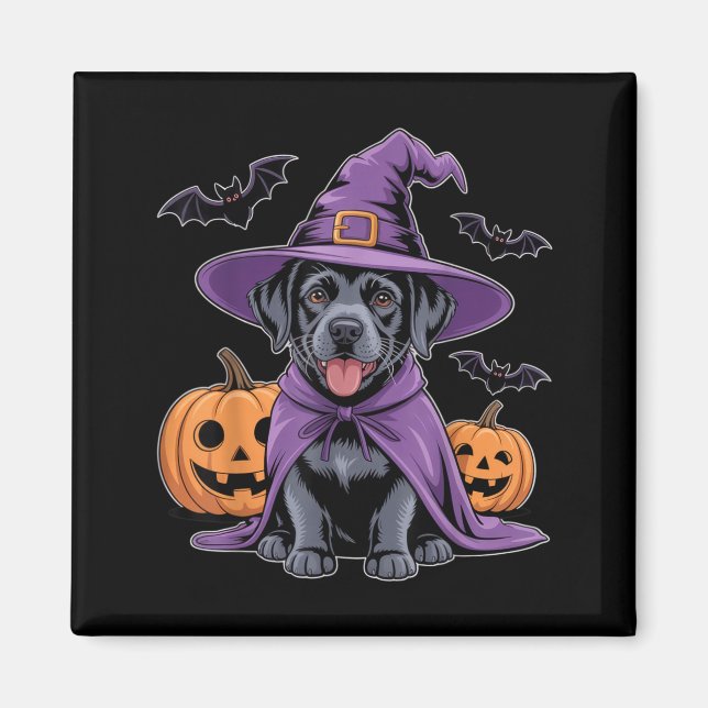 Cute Black Dog Witch Halloween Pumpkins And Bats Magnet (Front)