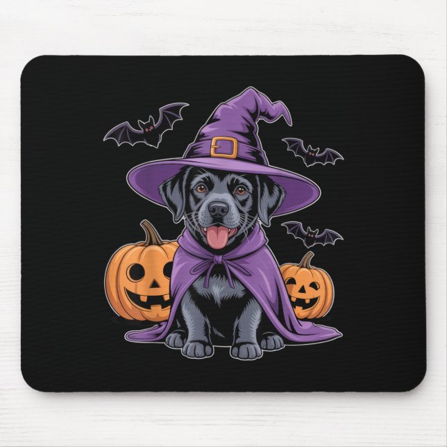 Cute Black Dog Witch Halloween Pumpkins And Bats Mouse Pad (Front)