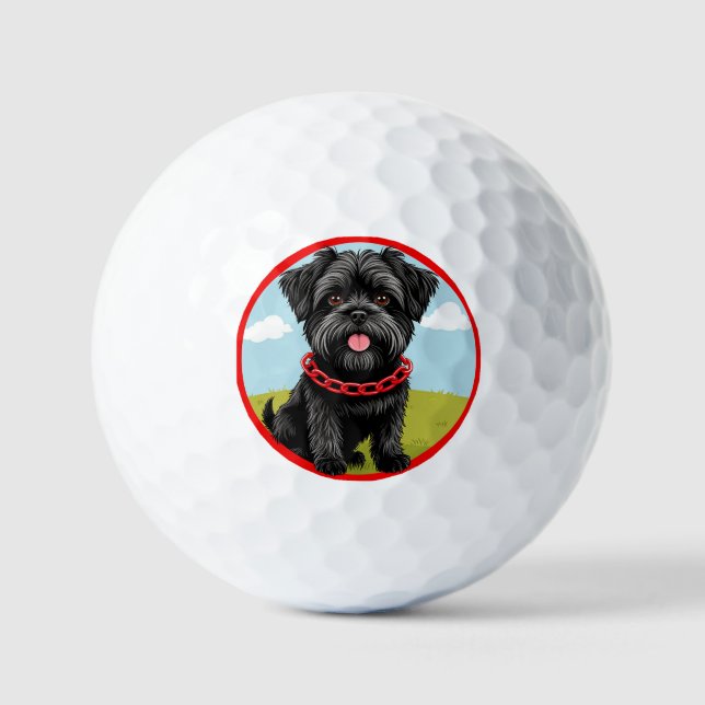 Cute Black Dog With Red Collar in Cartoon Style Golf Balls (Front)