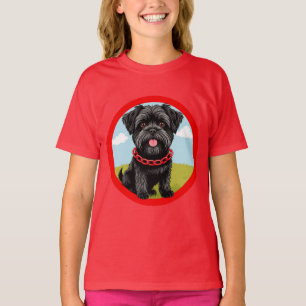 Cute Black Dog With Red Collar in Cartoon Style T-Shirt