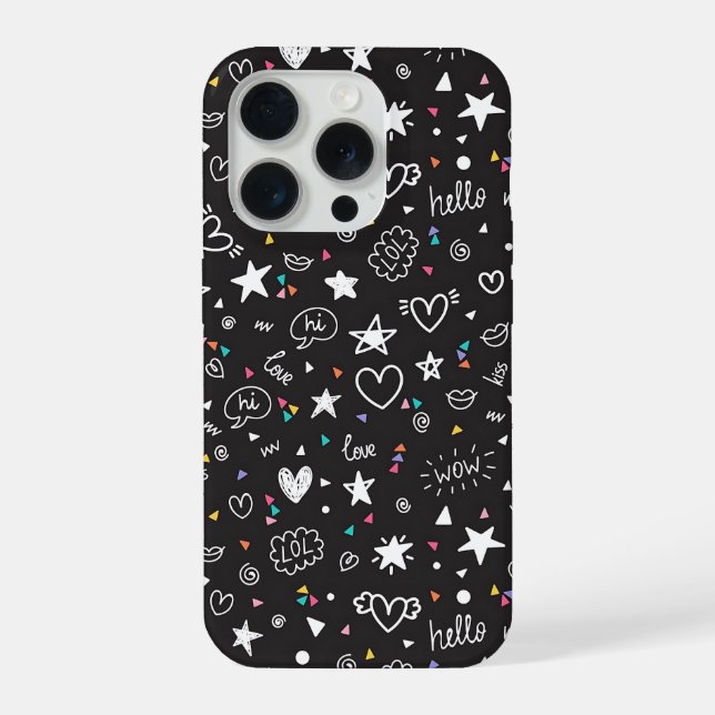 Cute Black Doodle Pattern Phone Case with Hearts  (Back)