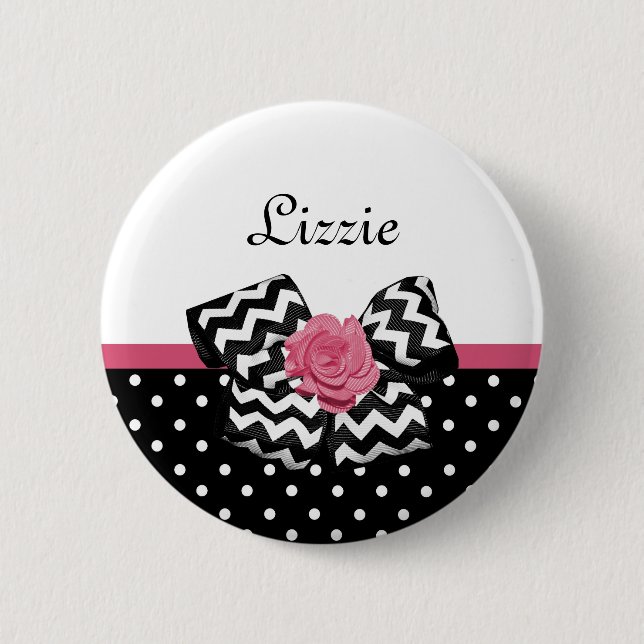 Cute Black Dots Pink Rose Chevron Bow and Name 6 Cm Round Badge (Front)