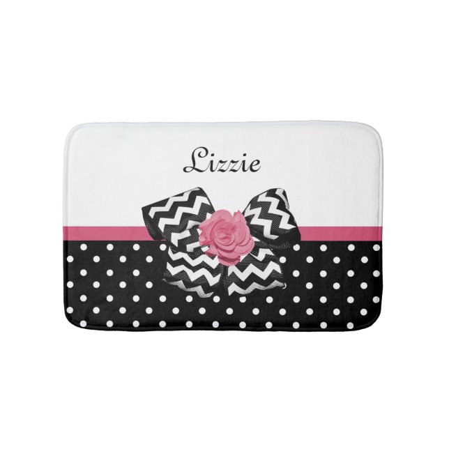 Cute Black Dots Pink Rose Chevron Bow and Name Bath Mat (Front)
