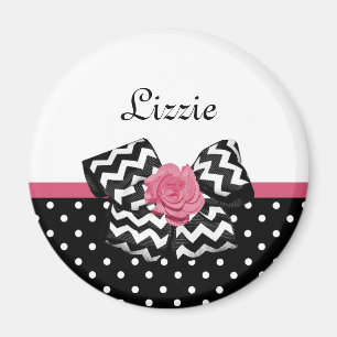 Cute Black Dots Pink Rose Chevron Bow and Name Magnet
