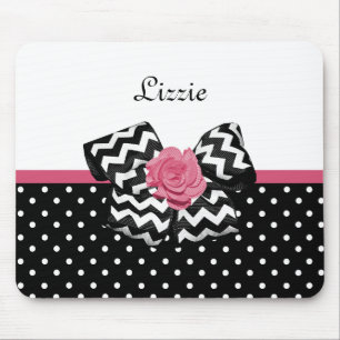 Cute Black Dots Pink Rose Chevron Bow and Name Mouse Pad