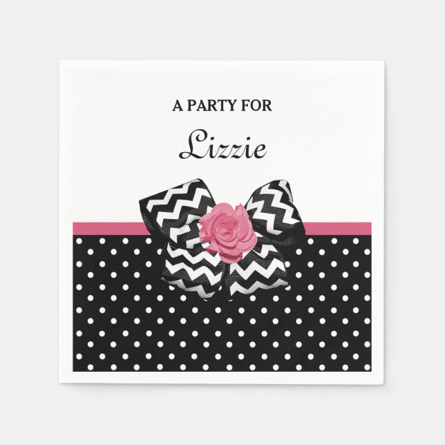 Cute Black Dots Pink Rose Chevron Bow and Name Napkin (Front)