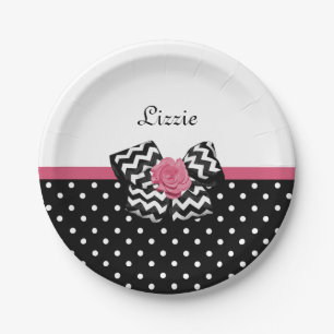 Cute Black Dots Pink Rose Chevron Bow and Name Paper Plate