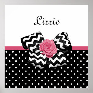 Cute Black Dots Pink Rose Chevron Bow and Name Poster