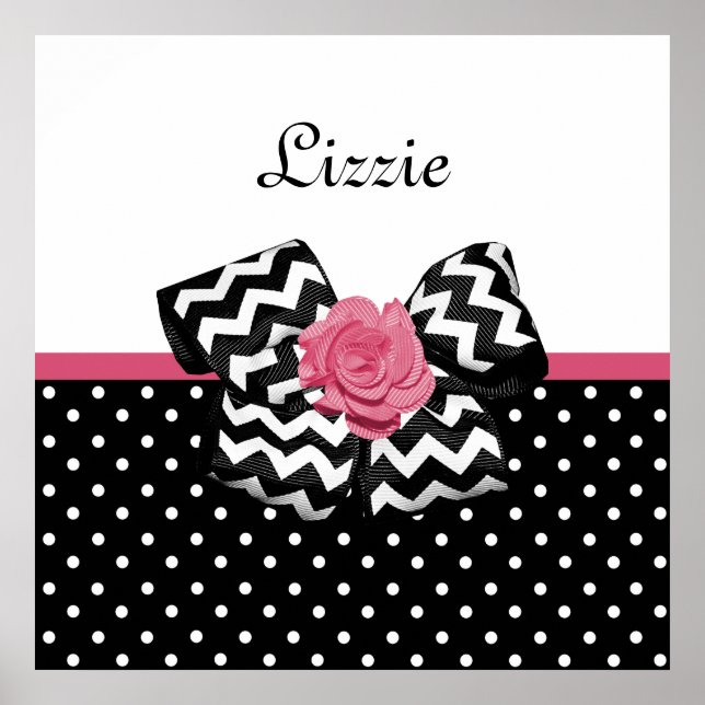 Cute Black Dots Pink Rose Chevron Bow and Name Poster (Front)