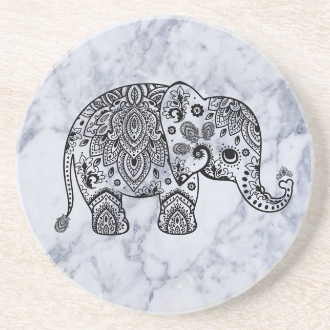 Cute Black Floral Elephant On White Marble Stone Coaster (Front)