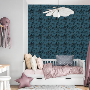 Cute Black Floral Vintage Pattern Dark Dusty Blue Wallpaper