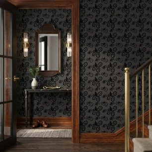 Cute Black Floral Vintage Pattern Dark Grey Wallpaper