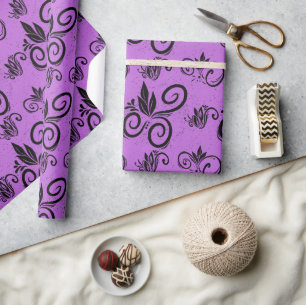 Cute Black Floral Vintage Pattern Purple Wrapping Paper