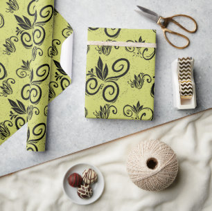 Cute Black Floral Vintage Pattern Yellow Wrapping Paper