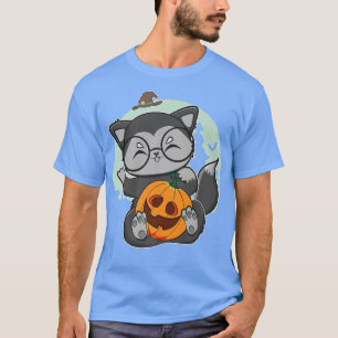 Cute Black Fo With Anime Pumpkin For Kawaii Hallow T-Shirt