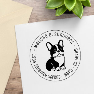 Cute Black French Bulldog Custom Round Address Rubber Stamp