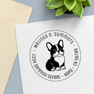 Cute Black French Bulldog Custom Round Address Self-inking Stamp