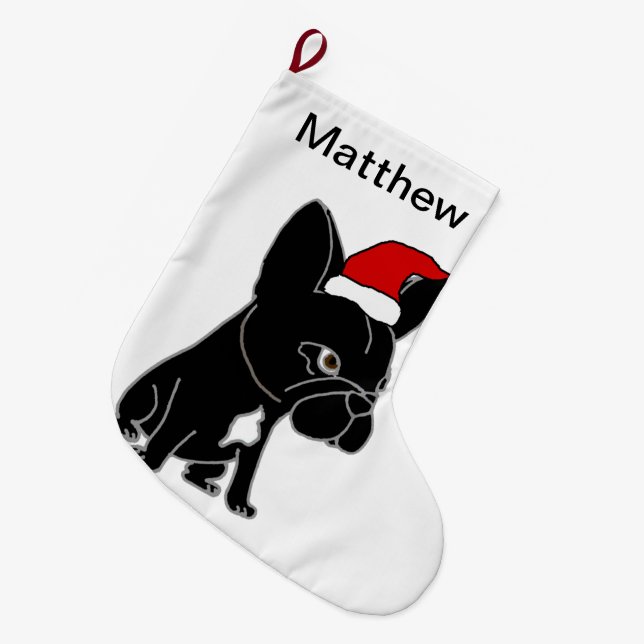 Cute Black French Bulldog in Santa Hat Christmas Large Christmas Stocking (Front (Hanging))