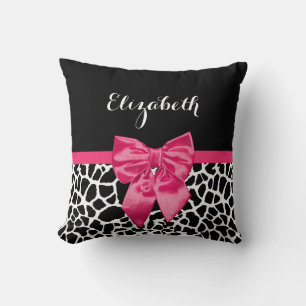 Cute Black Giraffe Print Girly Pink Bow and Name Cushion