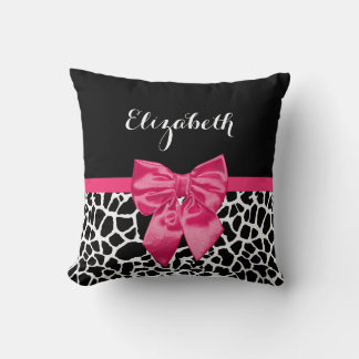 Cute Black Giraffe Print Girly Pink Bow and Name Cushion
