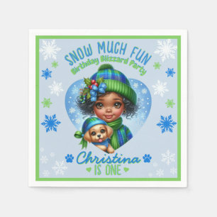 Cute Black Girl Puppy Winter Birthday Holiday Napkin