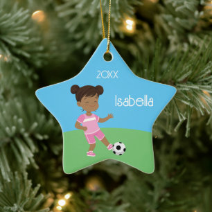 Cute Black Girl Soccer Personalized Christmas Cera Ceramic Tree Decoration