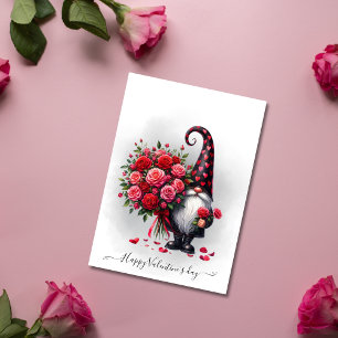 Cute Black Gnome With Red Roses Valentines day Holiday Card