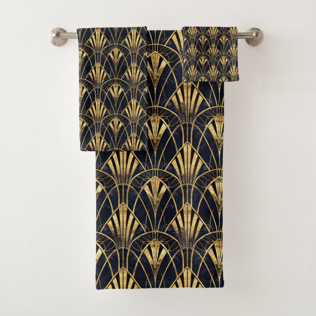 Cute black gold art deco tiled pattern bath towel set (Insitu)