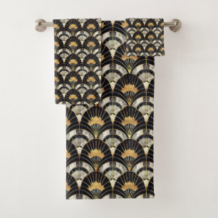 Cute black gold art deco tiled pattern  bath towel set