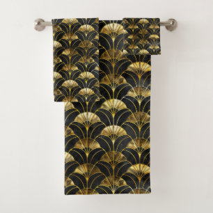 Cute black gold art deco tiled pattern bath towel set