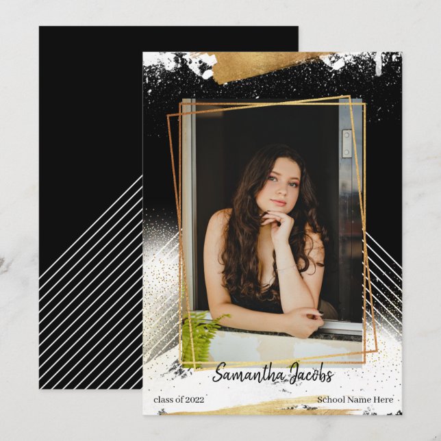 Cute Black & Gold Framed Graduation Announcement (Front/Back)