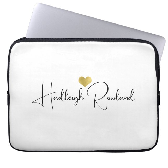 Cute Black Gold Monogram Script Name Stylish Laptop Sleeve (Front)