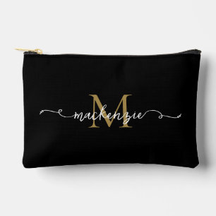 Cute Black Gold Script Typography Monogram Accessory Pouch