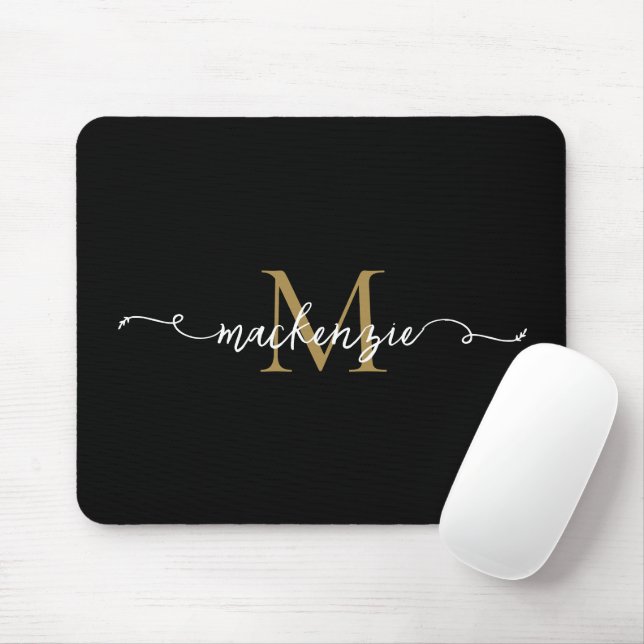 Cute Black Gold Script Typography Monogram Mouse Pad (With Mouse)