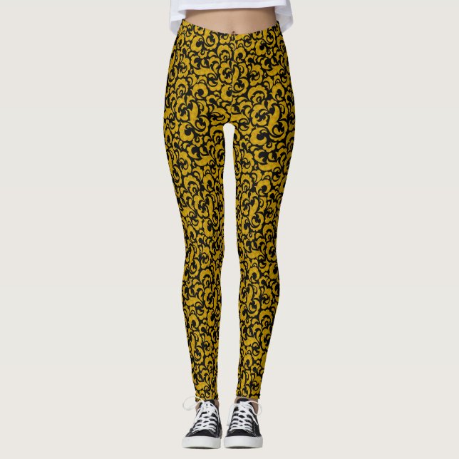 Cute black golden seamless floral patterns leggings (Front)