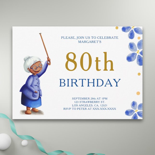 Cute Black Grandma Watercolor Floral 80th Birthday Invitation (Creator Uploaded)