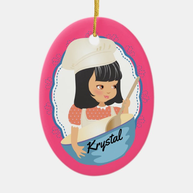 Cute black hair girl chef culinary Christmas Ceramic Tree Decoration (Front)