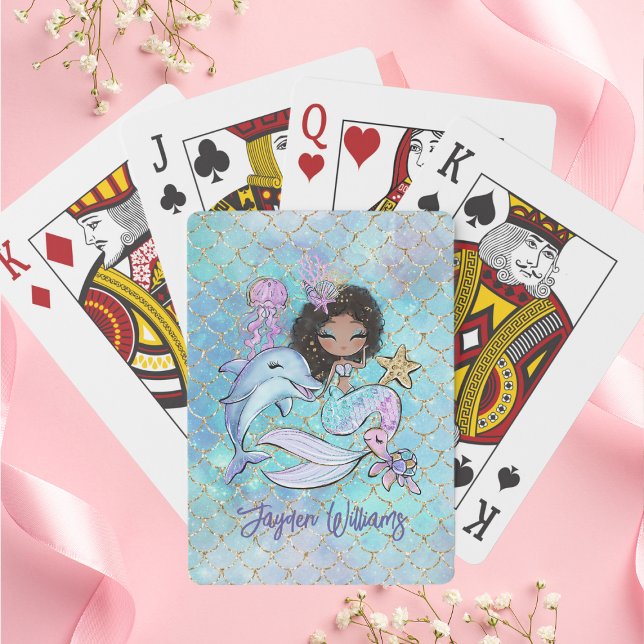 Cute Black Hair Mermaid Custom Name Girl Birthday Playing Cards (Cute Black Hair Mermaid Custom Name Girl Birthday Poker Cards
)