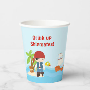 Cute Black Hair Pirate Boy in Red Birthday Paper Cups