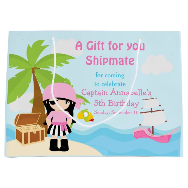 Cute Black Hair Pirate Girl in Pink Birthday Large Gift Bag (Front)
