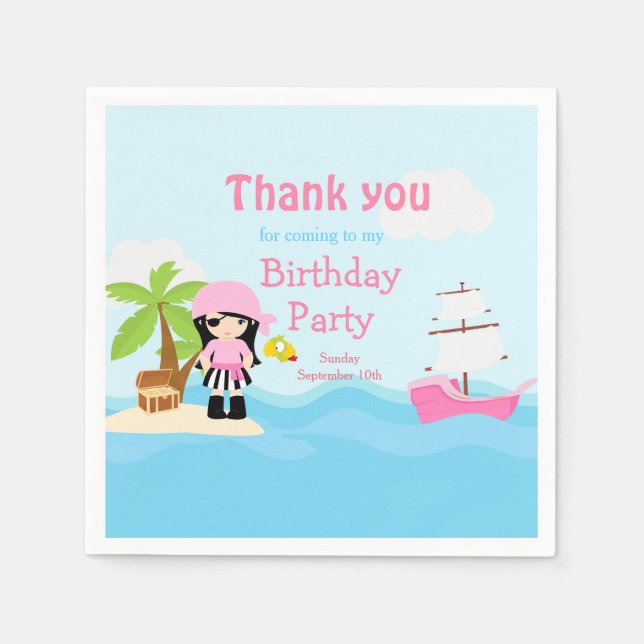 Cute Black Hair Pirate Girl in Pink Birthday Party Napkin (Front)