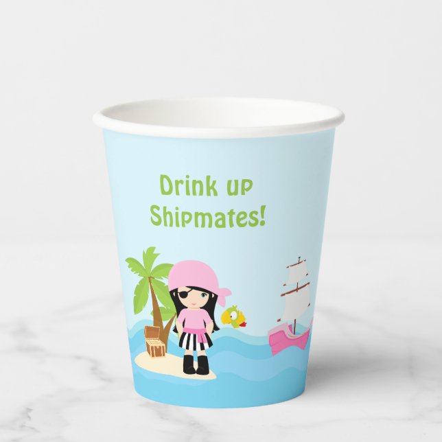 Cute Black Hair Pirate Girl in Pink Birthday Party Paper Cups (Front)