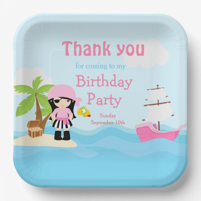 Cute Black Hair Pirate Girl in Pink Birthday Party Paper Plate (Front)
